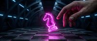Strategic business planning concept with glowing pink neon chess knight piece on futuristic chessboard as hand makes decisive move in corporate strategy game.