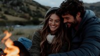 Happy couple laughing together by campfire during outdoor adventure. Romantic camping moment with cozy sweaters and natural mountain landscape background.