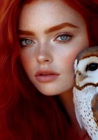 Young woman with bright red hair, blue eyes and freckles posing with barn owl in artistic portrait. Natural makeup and ethereal atmosphere create mystical mood.