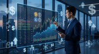 Professional businessman analyzing cryptocurrency trading charts on futuristic holographic display in modern office with city skyline background.