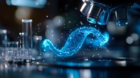 Glowing blue DNA helix floating under microscope with bokeh effect and particles in dark laboratory setting, scientific research concept for genetics and biotechnology.