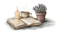 Watercolor cozy composition with open vintage book, burning candle, ceramic cup of coffee and potted lavender plant on white background, hygge lifestyle.