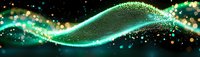 Glowing green wave of particles flowing on black background with sparkling light effects and bokeh elements creates futuristic abstract design.