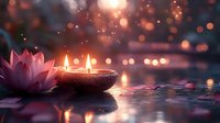 Serene lotus flower and glowing candle floating on water with magical bokeh lights creating peaceful spa atmosphere.