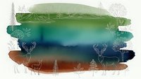 Watercolor landscape with deer silhouettes and forest elements in gradient colors from green to blue to orange, nature wildlife art composition.