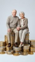 Happy senior Caucasian couple sitting on stacks of golden coins representing retirement savings and financial security for elderly people.
