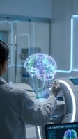 Medical professional examining holographic brain scan in modern hospital room with advanced neurological monitoring technology for patient diagnosis.