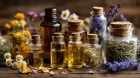 Natural herbal medicine bottles with essential oils, dried flowers and healing herbs on rustic wooden background for aromatherapy and wellness treatments.