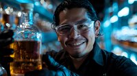 Young man with dark hair and glasses, wearing dark clothing, smiling at camera while holding glass of whiskey against blurred city lights at night. Suitable for beverage, lifestyle, and nightlife marketing.