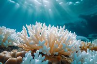 White branching coral formation underwater with sunbeams penetrating ocean surface, creating ethereal aqua atmosphere in tropical marine ecosystem.