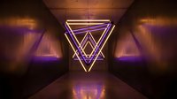 Glowing neon triangles in purple and yellow light up a dark tunnel corridor, creating a futuristic geometric art installation atmosphere.