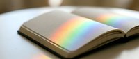Open notebook on white table with vibrant rainbow light spectrum across pages, symbolizing creativity, inspiration, and new ideas.