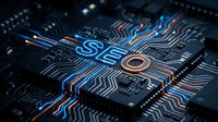 SEO text glowing on dark circuit board with colorful traces. Digital marketing optimization concept for web development and search engine ranking.