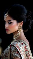 South Asian bride wearing traditional gold jewelry and embroidered red lehenga showcases elegant profile with dramatic makeup and updo hairstyle against dark background.