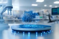 Futuristic holographic cloud projection in modern laboratory setting with blue glowing particles and digital platform, showcasing advanced technology innovation.