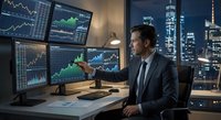 Professional trader analyzing financial data on multiple monitors in modern office with city skyline view at night.