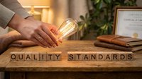 Business professional holding glowing lightbulb over wooden blocks spelling QUALITY STANDARDS on desk with certificate and books in warm office setting.