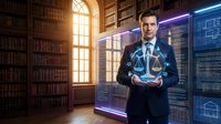 Young Caucasian businessman in suit holding glowing holographic scales of justice in a library with digital data screens.