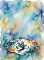 Watercolor abstract background with soft blue, teal, yellow and beige washes featuring an ornate badge with white dove and olive branch illustration.