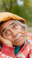 Elderly male with South Asian ethnicity wearing yellow cap and colorful casual clothing, resting head on hand with cheerful expression against blurred green outdoor background.