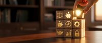 Hand placing glowing wooden cube with business icons including scales, gears, charts on office desk for corporate strategy and legal consulting concepts.