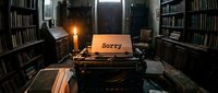 Vintage typewriter with Sorry note in candlelit old library surrounded by bookshelves, evoking nostalgia, regret, and heartfelt apology concepts.