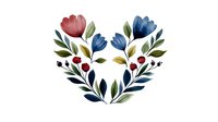 Watercolor heart-shaped floral composition with red and blue tulips, green leaves and small berries on white background, suitable for greeting cards and wedding design.