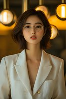 Young Asian woman in white blazer and round glasses with bokeh lights background creating atmospheric evening portrait. Professional business look with modern style.