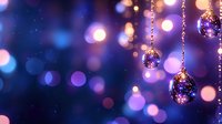 Sparkling disco balls hanging on chains against blurred purple and blue bokeh background create magical festive atmosphere for party or celebration events.