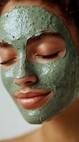 Close up of young woman with green clay mask on face during spa treatment, eyes closed with peaceful expression, showing skincare and wellness routine.