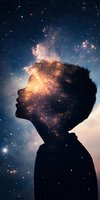 Silhouette of person against starry night sky with cosmic nebula and galaxy overlay creating dreamy double exposure effect for spiritual and mindfulness concepts.
