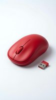 Red wireless computer mouse with USB nano receiver isolated on white background, modern ergonomic design for office and home use.