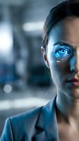 Professional businesswoman with futuristic digital eye scanner technology overlay in modern office environment for cybersecurity and biometric concepts.