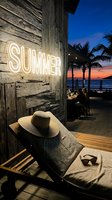Neon summer sign glowing on rustic wooden wall at beach bar during sunset, with lounge chair, straw hat, and sunglasses in foreground.