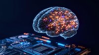 Glowing neural network brain hologram floating over computer circuit board with orange and blue light effects illustrates artificial intelligence concept.