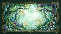 Enchanted forest frame with lush green foliage, mystical light and ornate golden border for fantasy designs and magical storytelling projects.
