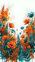 Watercolor wildflower meadow with orange poppies and teal botanical elements on white background for spring design projects.
