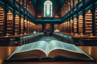 Open book in historic library interior with rows of wooden shelves, arched window and ambient lighting creating atmospheric scholarly environment. Knowledge and education concept.