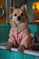 Small tan Chihuahua with long fur wearing pink striped shirt, sitting on kitchen counter with teal cabinets and warm lighting in background. Pet fashion and lifestyle.