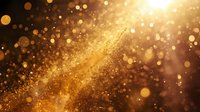 Golden glitter particles floating in dark space with warm bokeh light effect, creating magical atmospheric background for festive designs.