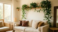 Cozy living room with cream-colored sofa, decorative pillows, and lush hanging plants creating a warm, inviting atmosphere for home decor and interior design inspiration.
