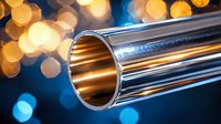 Shiny chrome metal pipe or tube with golden reflection against blurred bokeh lights background in blue and orange colors, industrial design element.