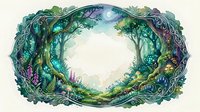 Enchanted forest frame with mystical vines, magical plants and ethereal light creating ornate border for fantasy designs and fairy tale artwork.