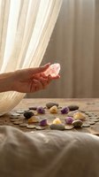 Hand holding rose quartz crystal above collection of healing gemstones on wooden table with soft natural light filtering through curtains.