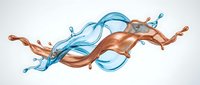 Dynamic blue and orange liquid splash collision creating flowing waves and droplets on white background for creative design projects.