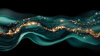 Luxurious emerald green and gold glitter abstract waves on black background create elegant flowing pattern. Modern design element for luxury branding and decor.