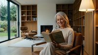 Mature blonde woman reading book in cozy modern living room with fireplace and built-in shelving, relaxing at home in comfortable chair.