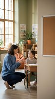 Female teacher helping young student with schoolwork in bright modern classroom with natural light and plants creating warm educational environment.