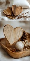 Rustic wooden heart decorations on linen background with dried flowers and natural elements, creating cozy home atmosphere for Valentine's Day or wedding decor.