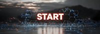 Glowing red start text with futuristic network connections and geometric patterns floating over tranquil water surface at dusk, digital business concept background.